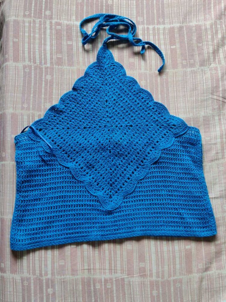 Mango - Blue Crocheted Halter Top