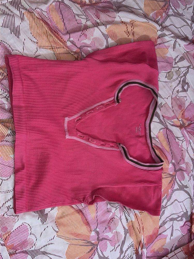 Vibrant Pink Ribbed Henley Top