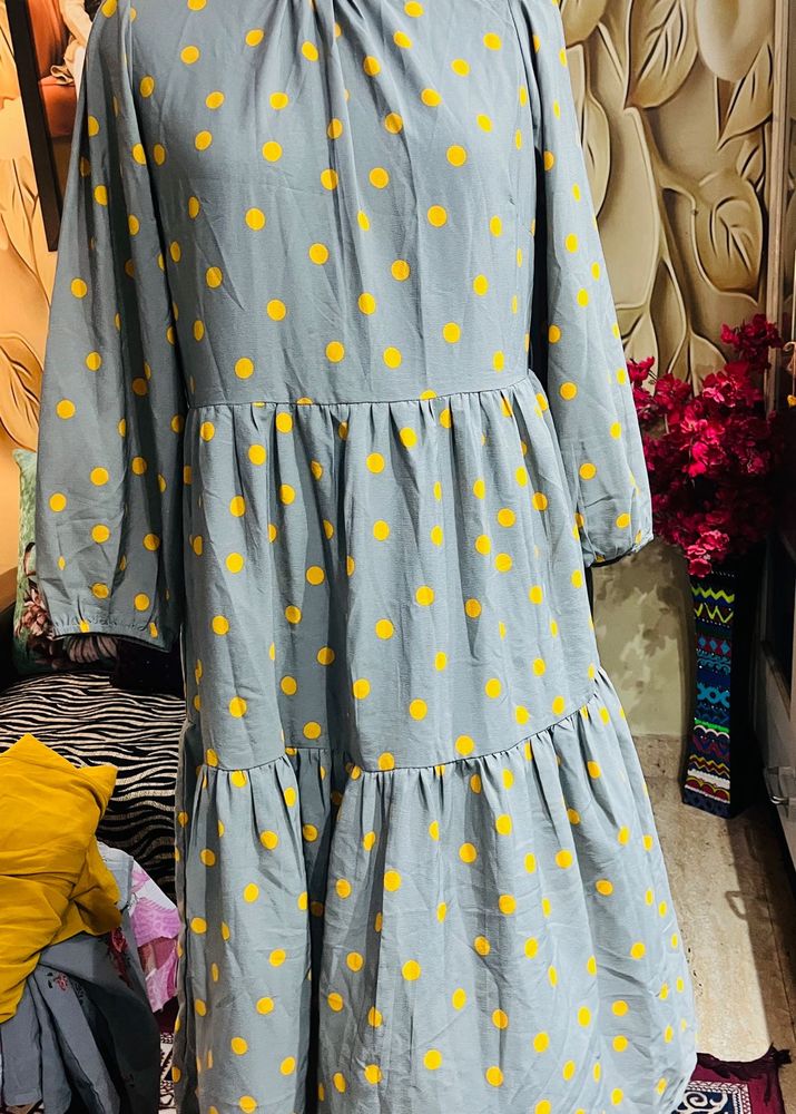 Grey Polka Dot Tiered Midi Dress