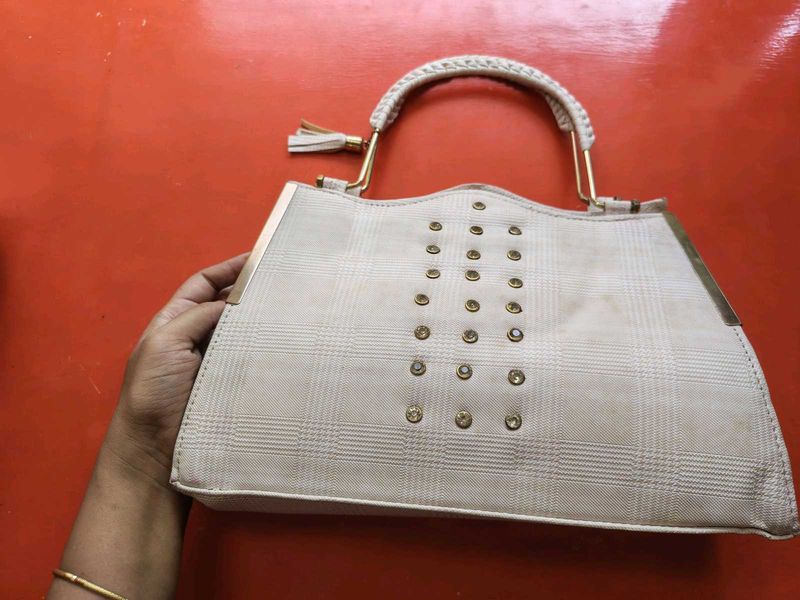 Elegant Cream Plaid Handbag