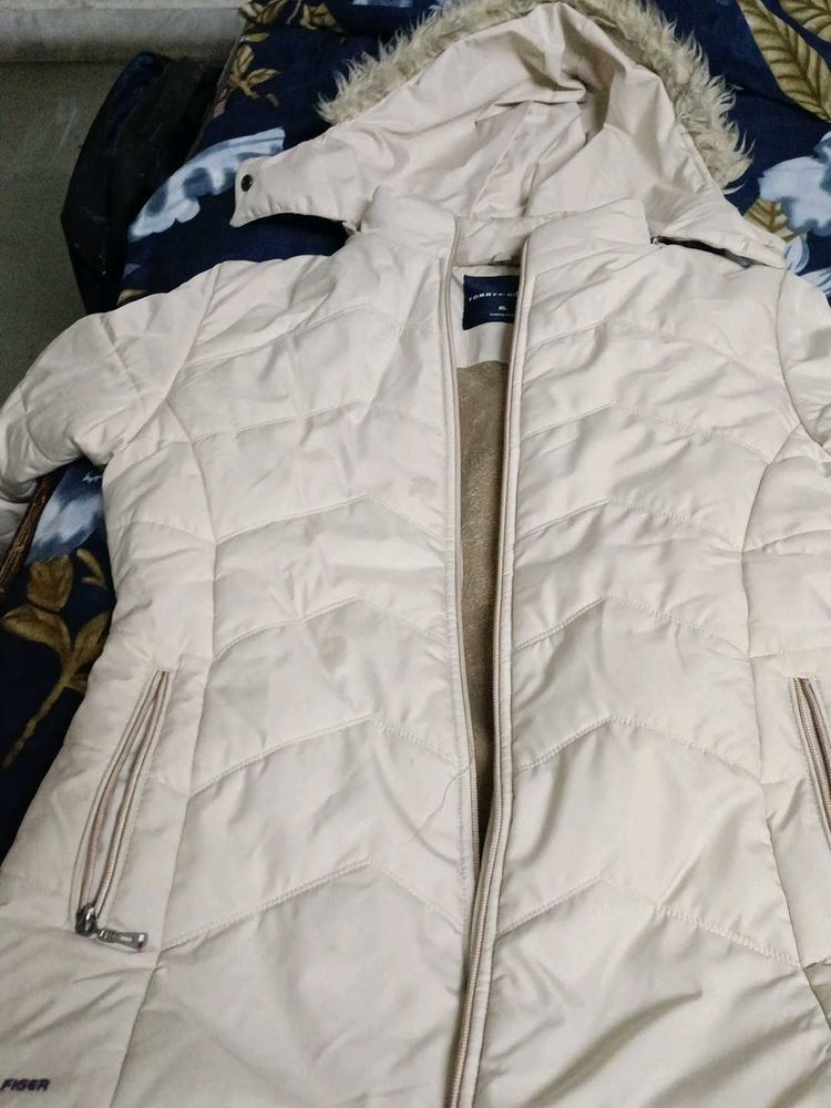 Cream Quilted Puffer Jacket with Fur Hood