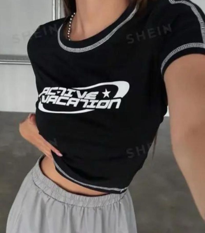 Black "Active Vacation" Graphic Crop Top
