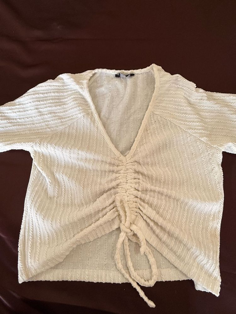 White Ruched V-Neck Top