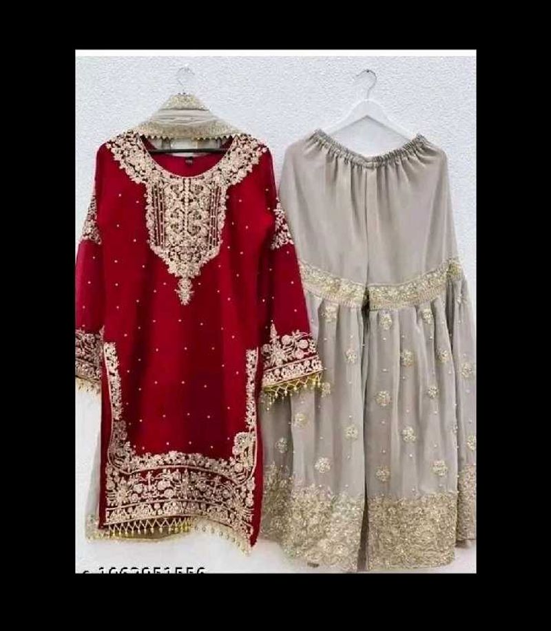 Embroidered Red Kurta Set with Grey Palazzo