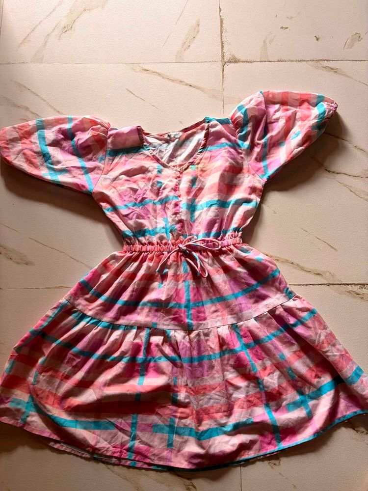 Cute Pink Plaid Puff Sleeve Dress