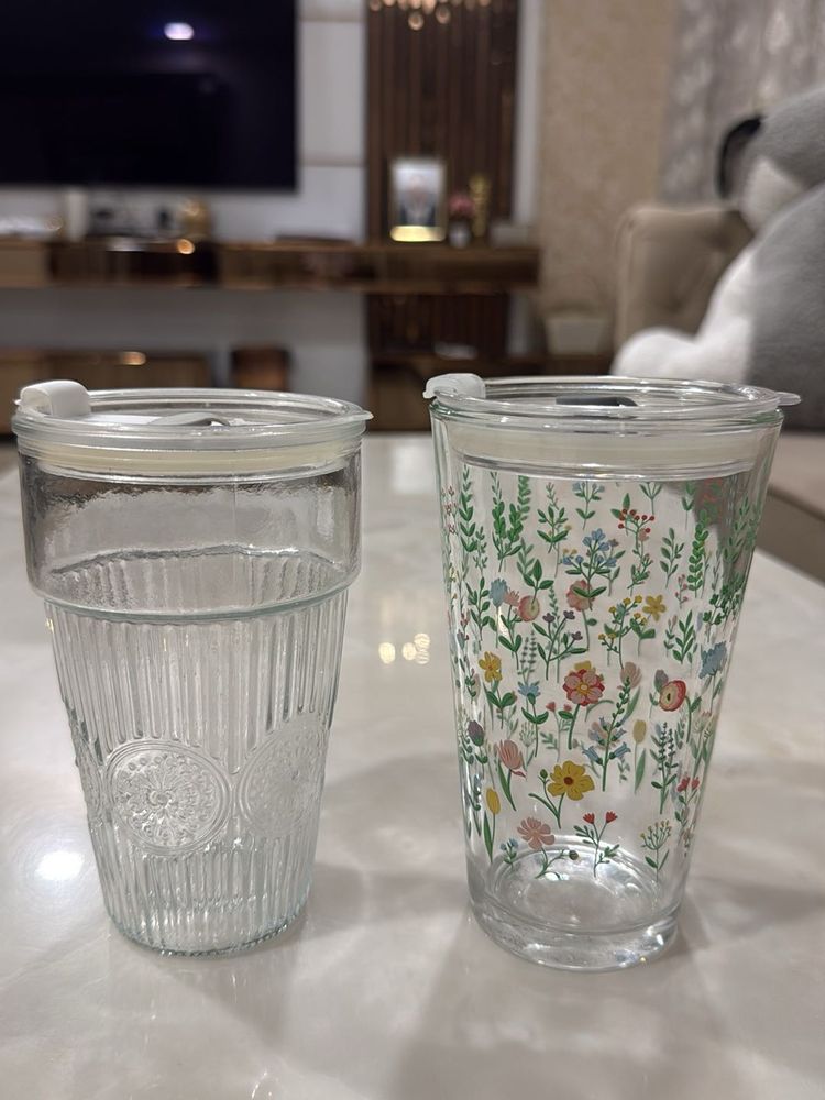 Floral Glass Tumblers with Lids
