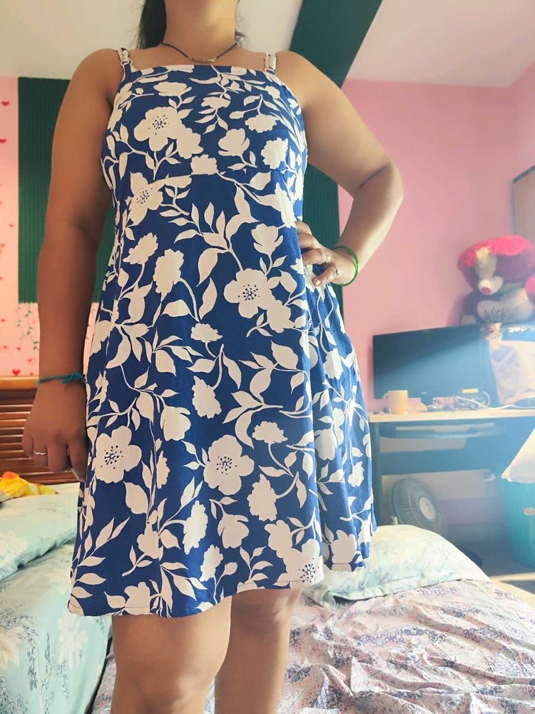 Blue Floral Print Summer Dress