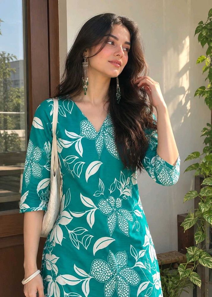 Teal Floral Print Kurta