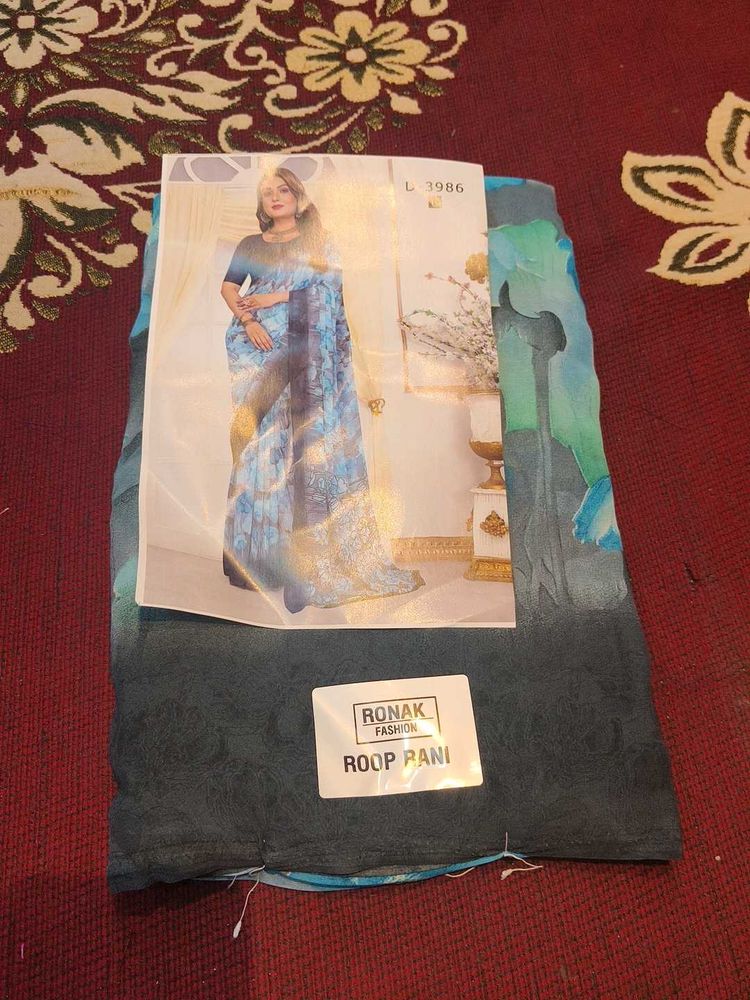 Beautiful Blue Fancy Saree with Floral Print