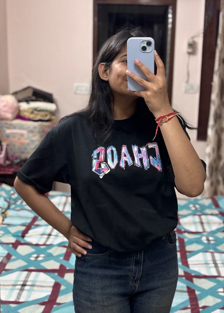 Women Black Graphic Typography Drop-Shoulder