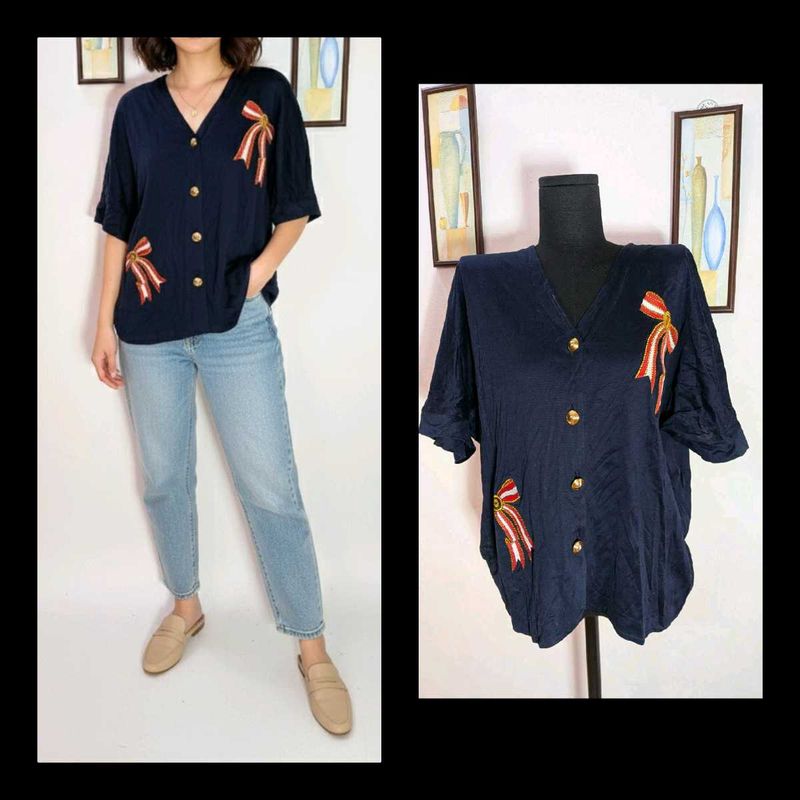 Navy Blouse with Ribbon Detail