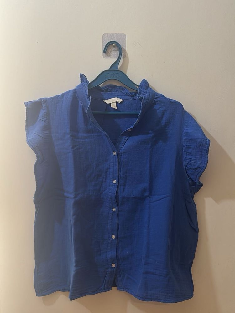 Blue Cap Sleeve Button-Up Top