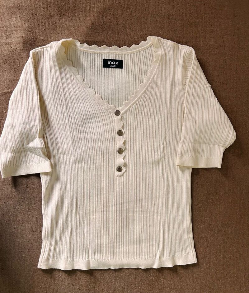 Cream Ribbed V-Neck Top