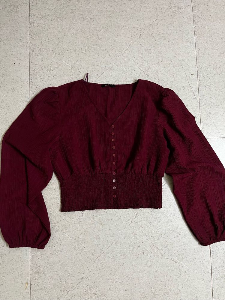 Maroon Button-Up Smocked Crop Top