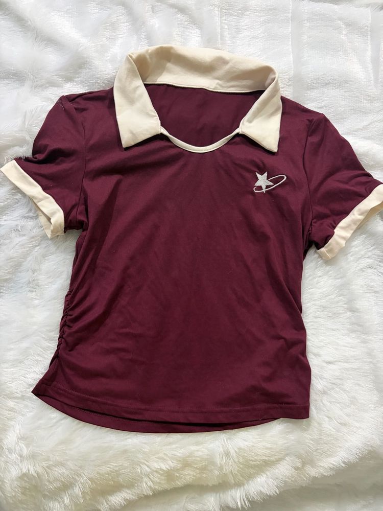 Maroon Collared Crop Top