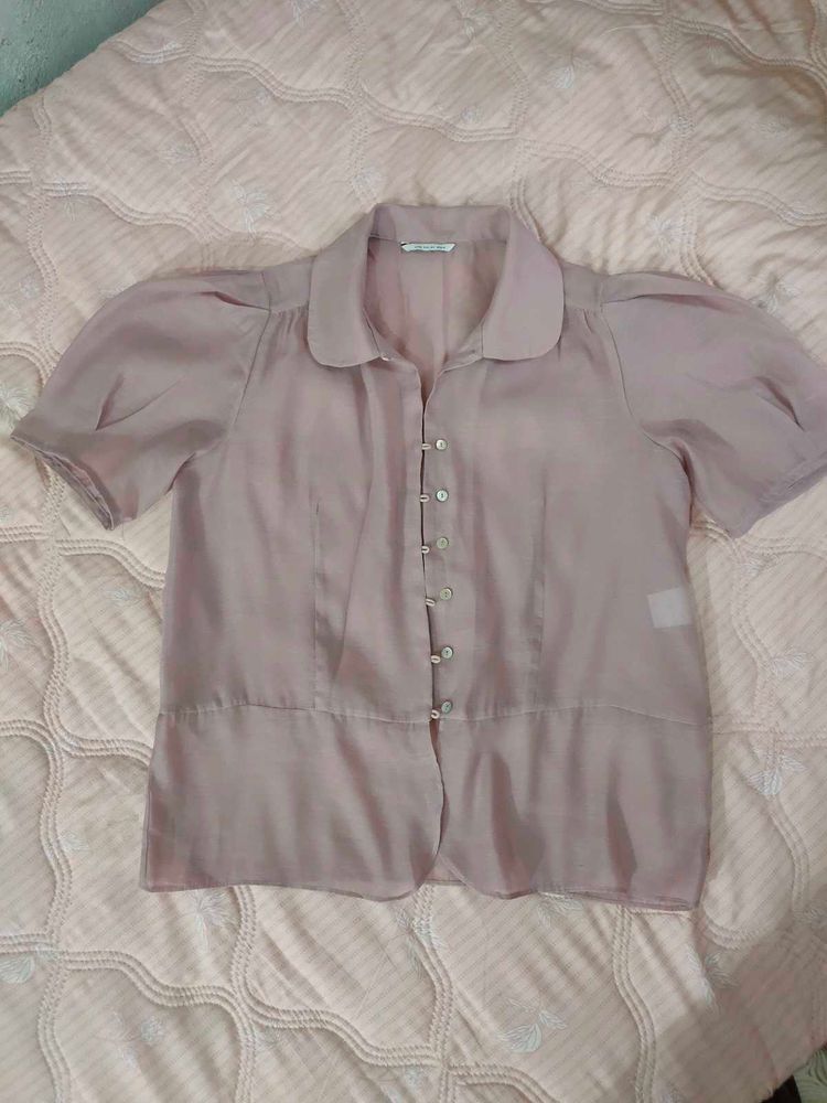 Sheer Puff Sleeve Button-Up Blouse