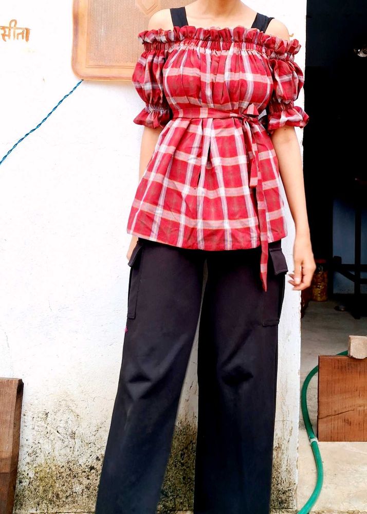Red Plaid Off-Shoulder Top