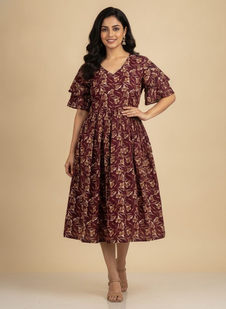 Maroon Floral Print Dress