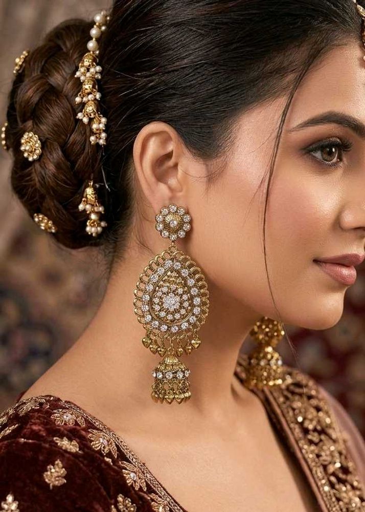 Stunning Golden Jhumka Earrings with White Stone