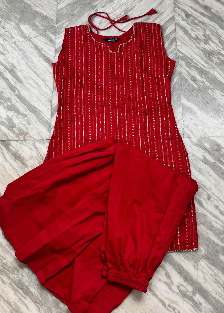 Red Kurta Set with Sequins