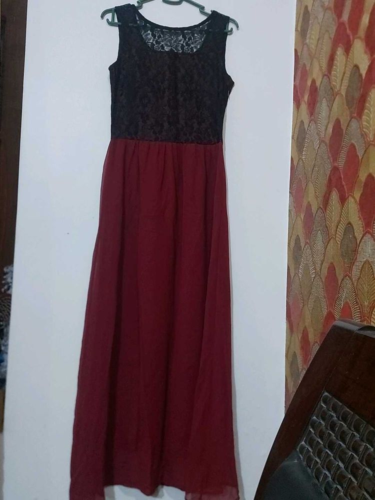 Maroon Coloured Maxi Dress With Black Lace Work