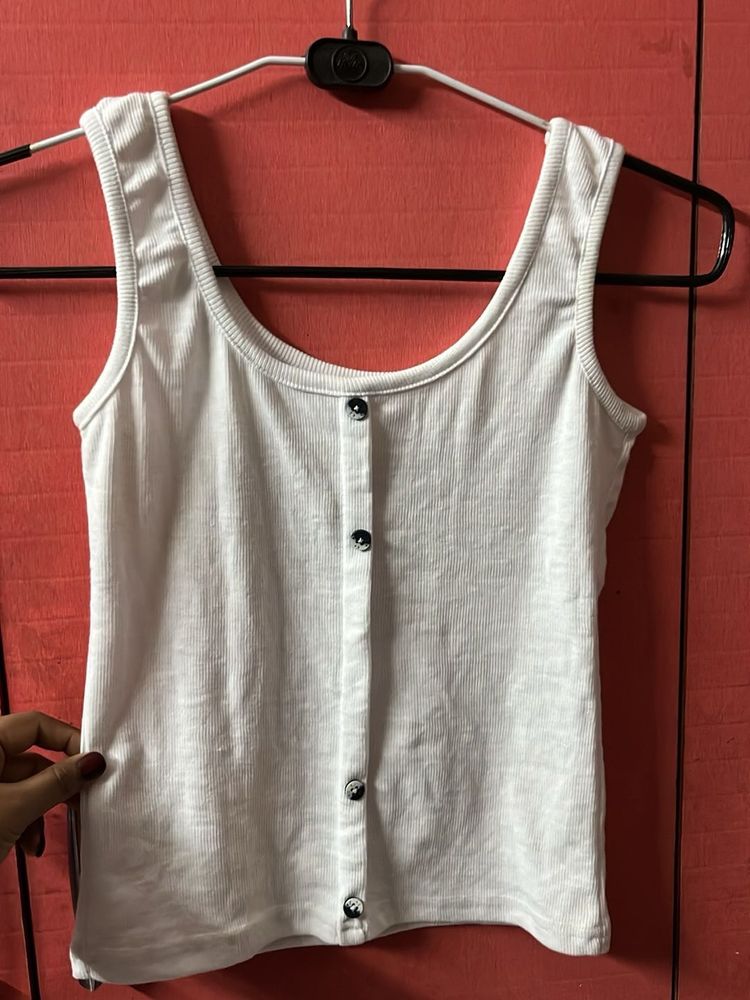 White Ribbed Sleeveless Top | Button Front Tank |