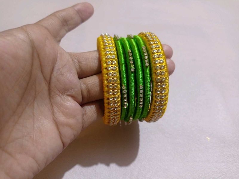 Silk Thread Bangles - Yellow &amp; Green