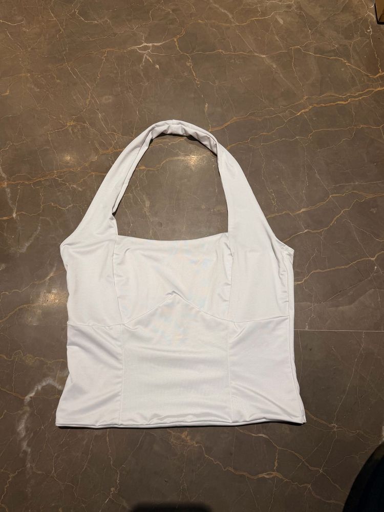 White Halter Neck Crop Top