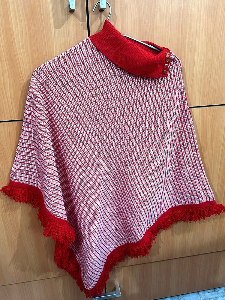 RED WOOLEN PONCHO WITH BUTTON NO FLAWS FRESH PEICE