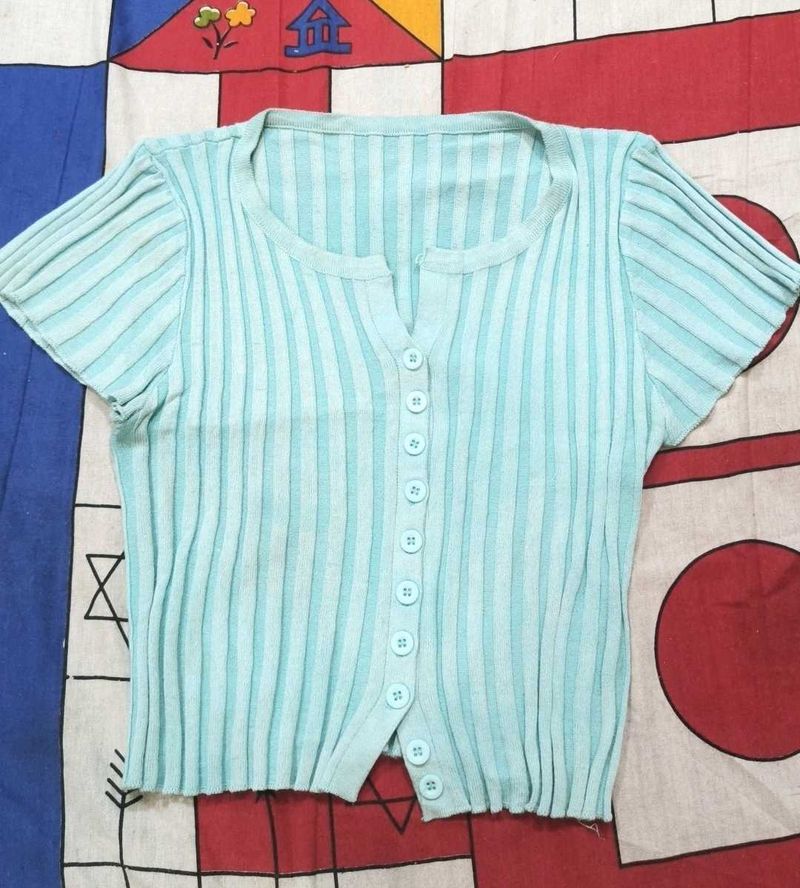Light Blue Ribbed Cropped Cardigan
