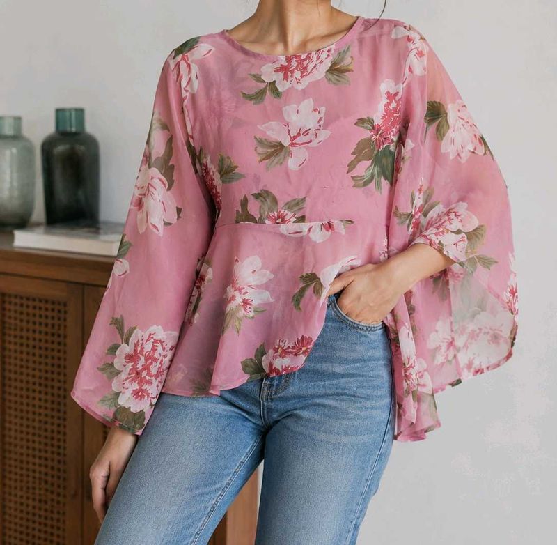 Pink Floral Sheer Bell Sleeve Top