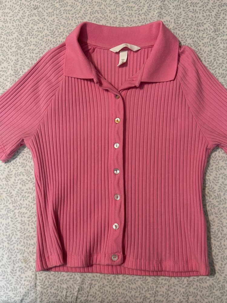 Pink Ribbed Collared Button-Up Top