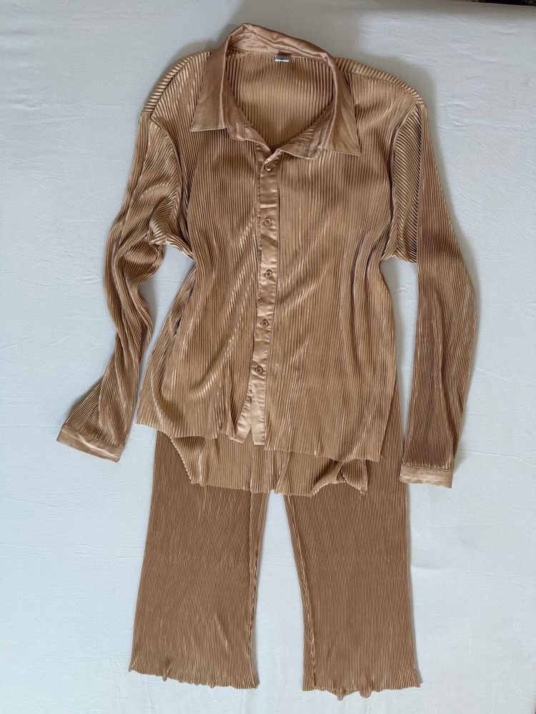 Pleated Button-Up Shirt &amp; Pants Set