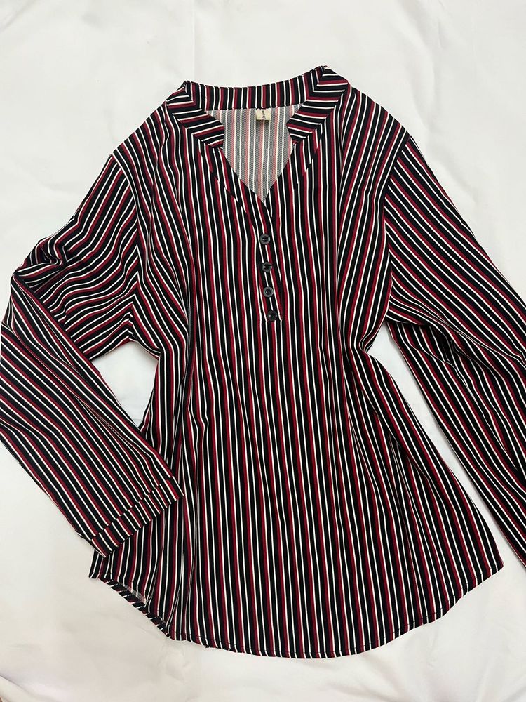 Striped V-Neck Button-Up Tunic