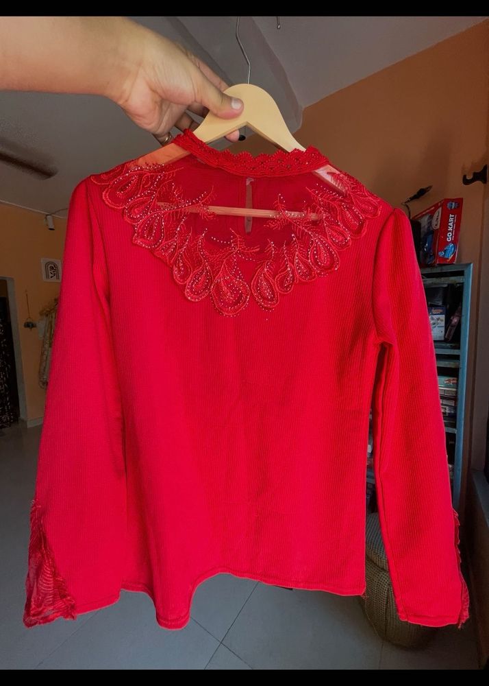 Red Embellished Neck Blouse
