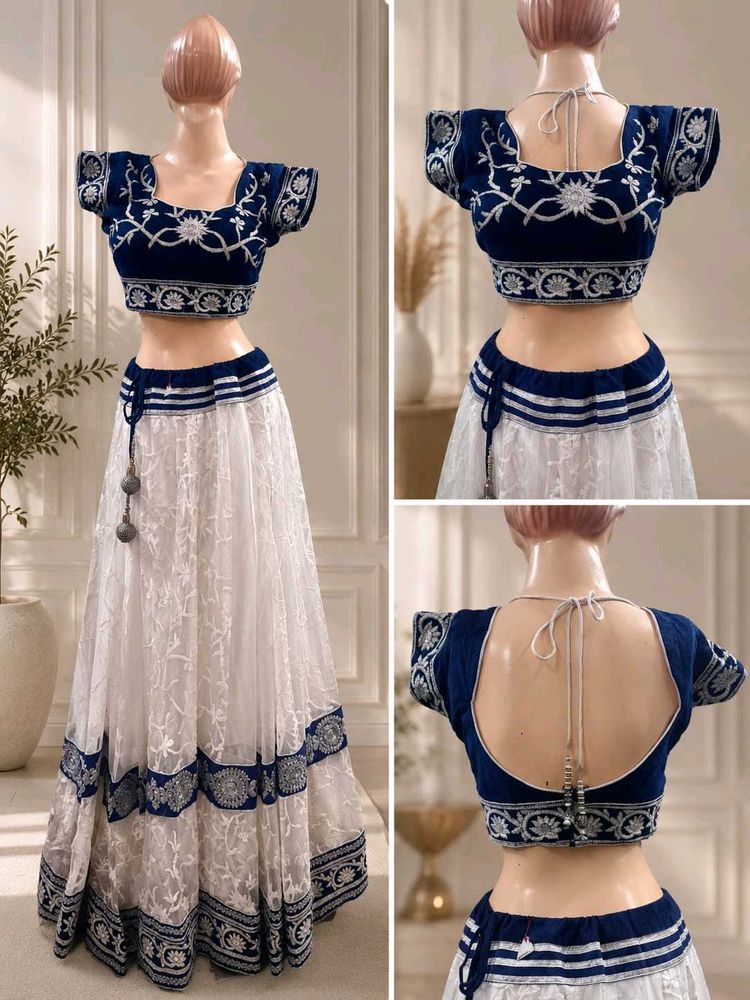 Elegant Blue &amp; White Embroidered Lehenga Choli
