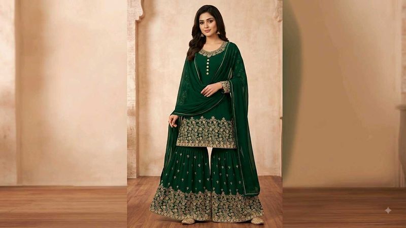 Elegant Green Embroidered sharara kurta set
