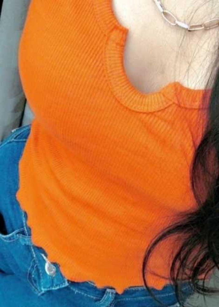 Orange Ribbed V-Neck Tank Top