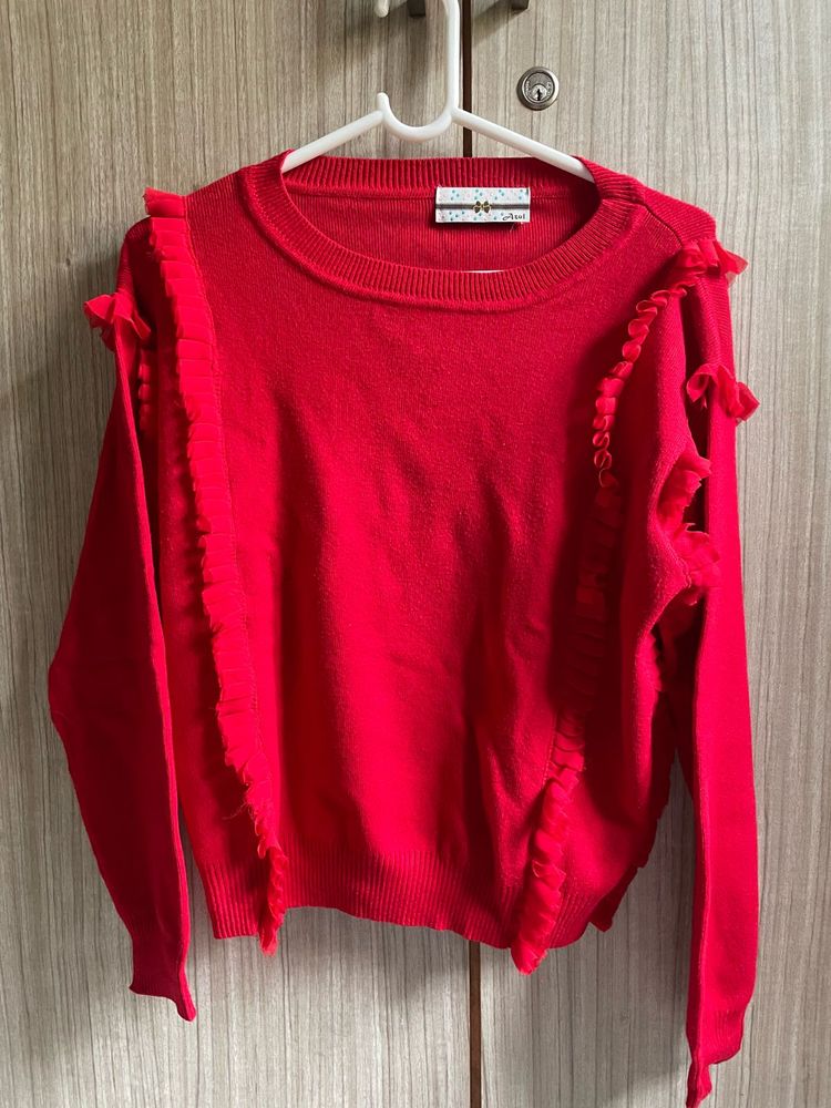 Red Ruffled Knit Sweater