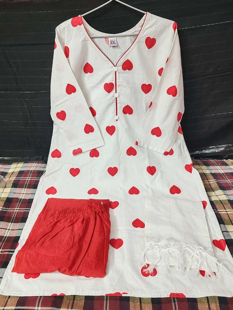 White Kurta Set with Red Hearts