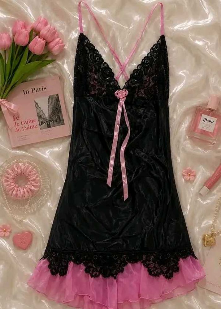 Black &amp; Pink Lace Trim Nightgown