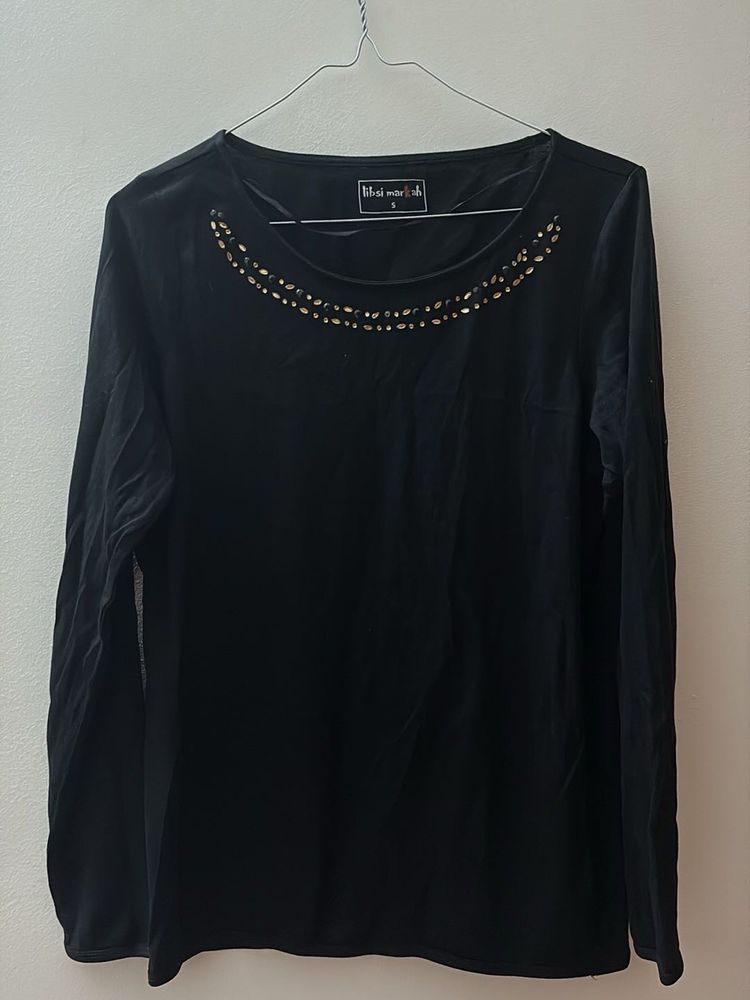 Elegant Black Embellished Long Sleeve Top