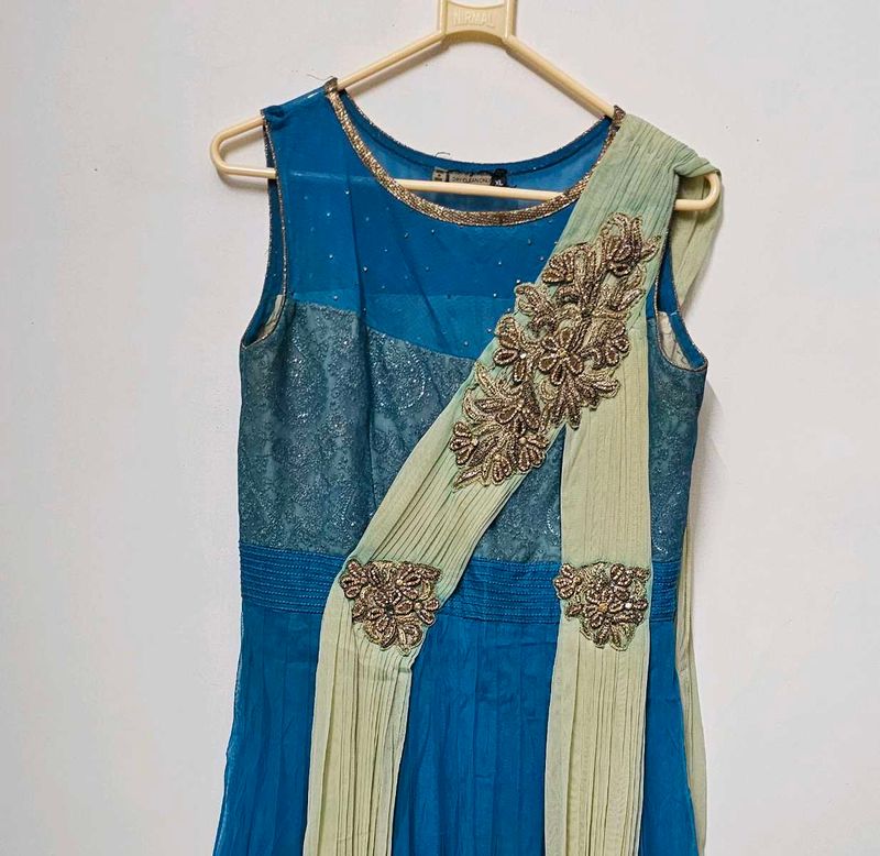 Blue &amp; Green Embroidered Desinger Gown