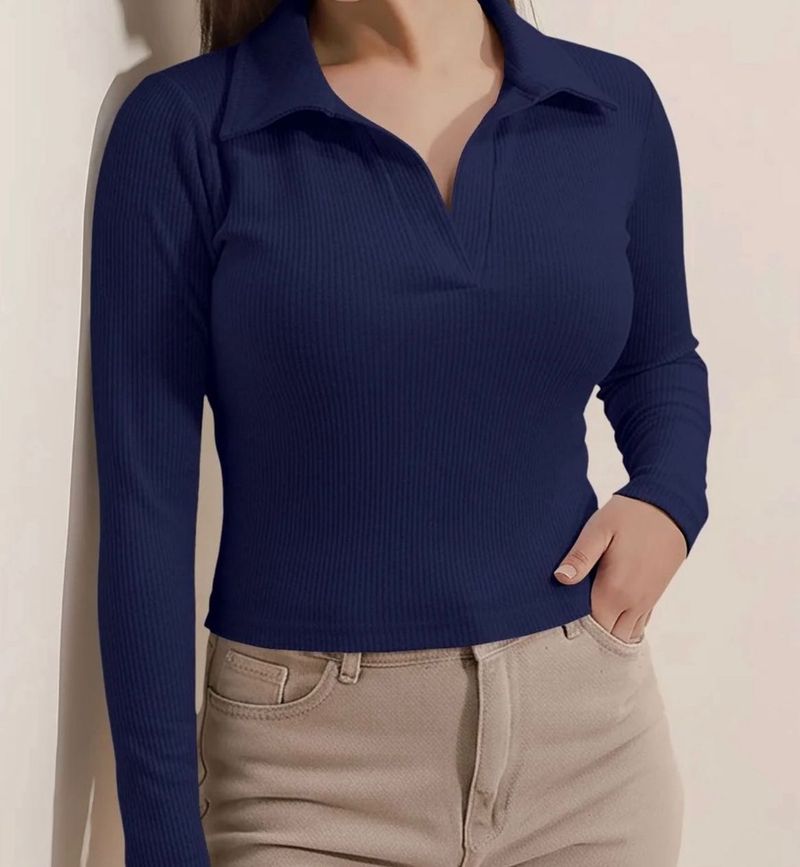 Navy Blue Collared Long Sleeve Top