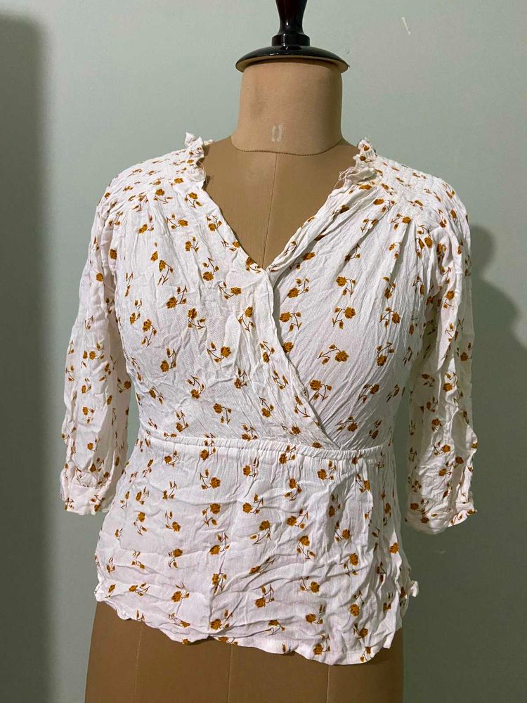 Chic White Floral Print Wrap Top