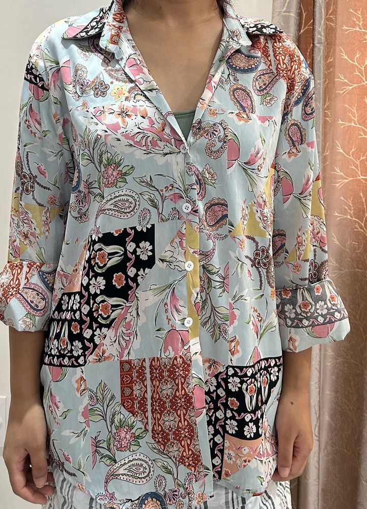 Bohemian Patchwork Print Button-Up Shirt