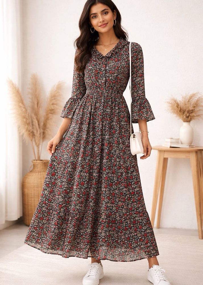 Floral Print Midi Dress with Ruffle Collar