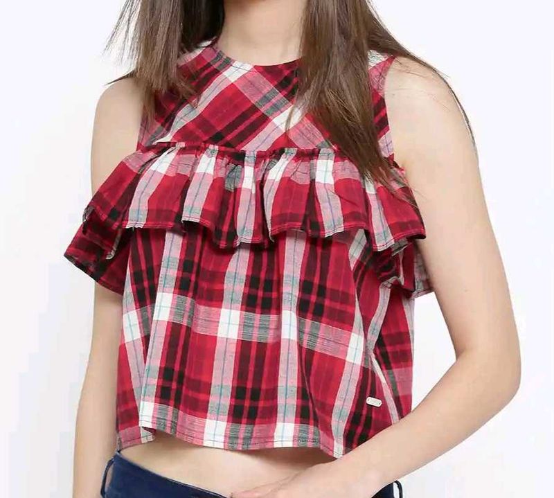 Pepe Plaid Ruffled Crop Top