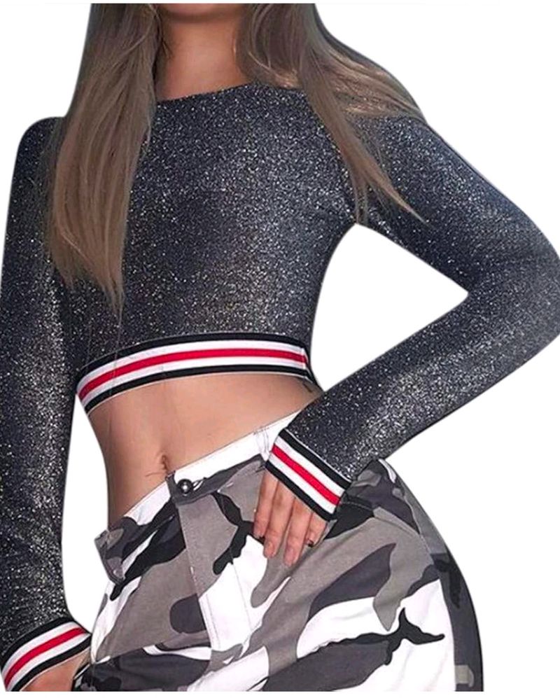 Long Sleeve Crop Glitter Sequins T-shirt(Women's)