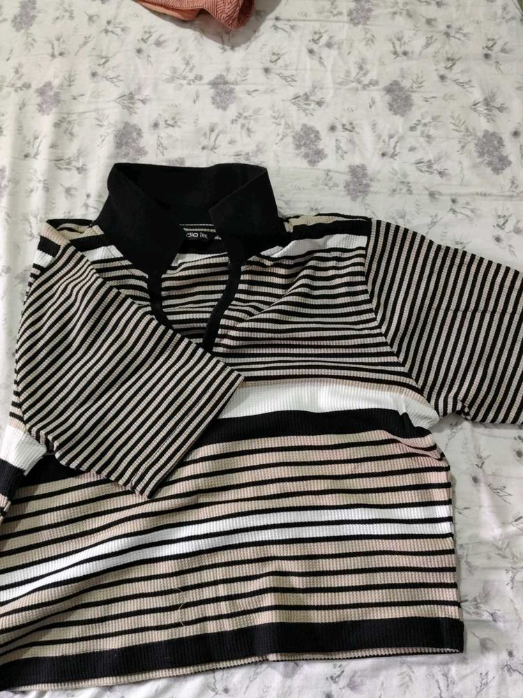 Striped Collared Knit Top